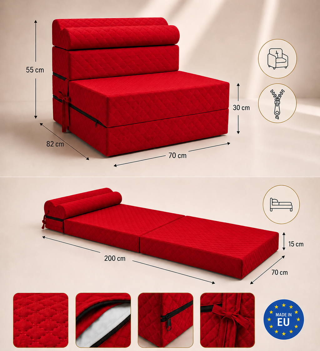 MATERAC TURYSTYCZNY SKŁADANY FOTEL 200x70x15cm - 2 w 1 PIKOWANY CZERWONY