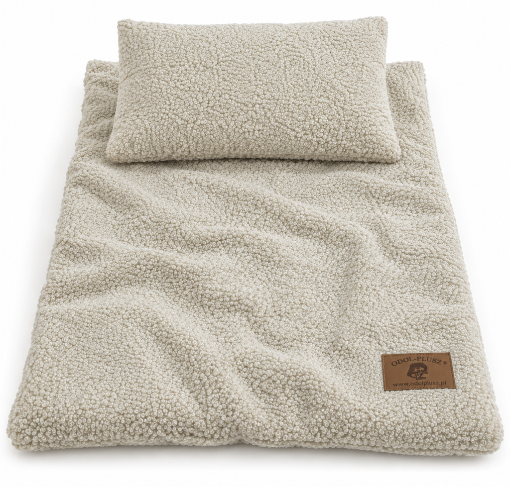Kocyk BOUCLE baranek + poduszka, zestaw do wózka/łóżeczka – 75 x100