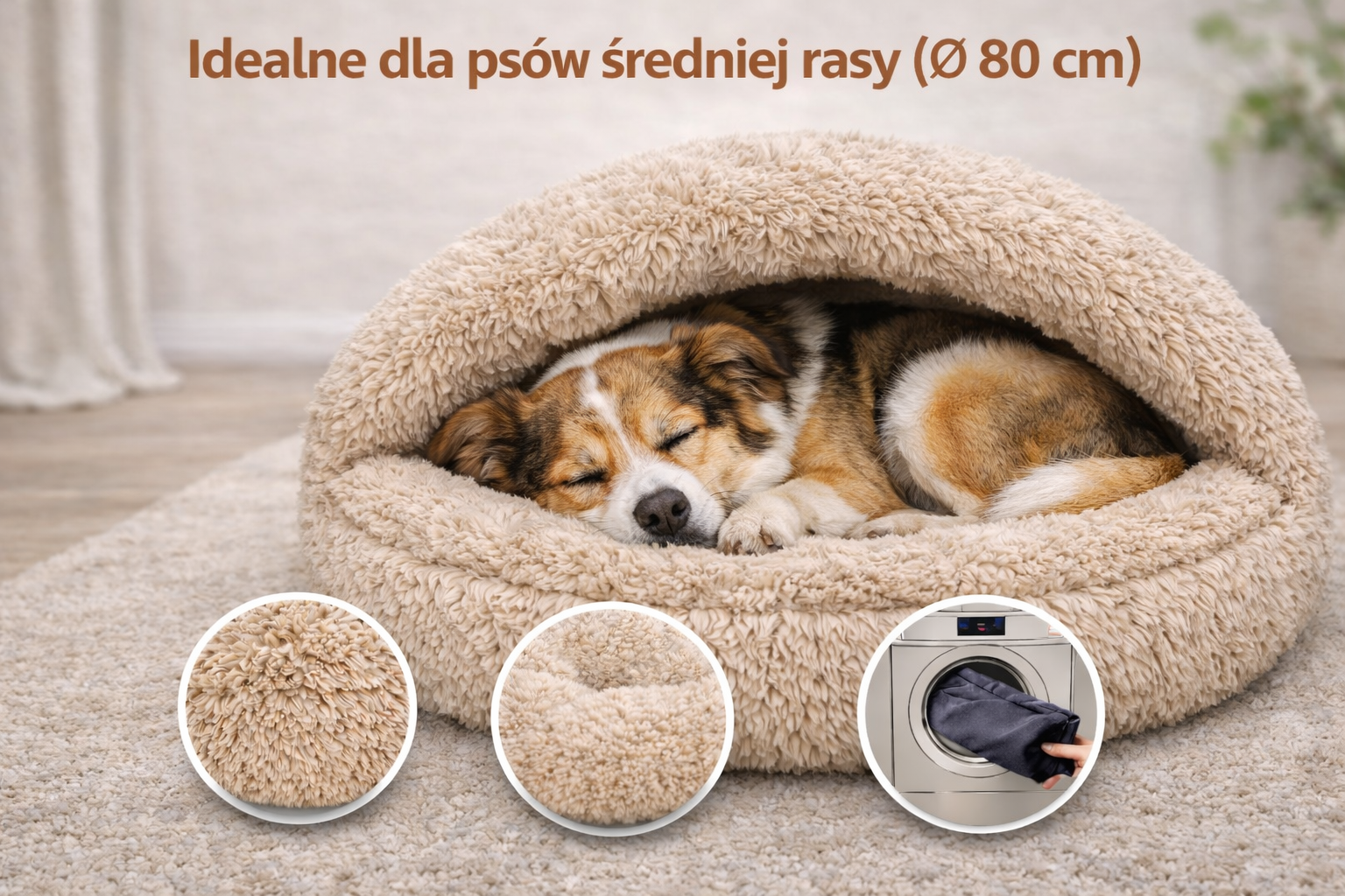 Legowisko śpiworek 80 cm – dla psa i kota Ciepłe, okrągłe. Shaggy / Boucle - BEŻOWY
