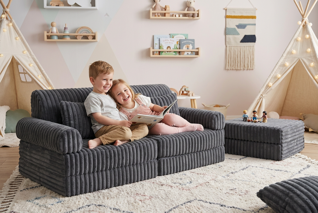 2 x Modułowa rozkładana SOFA - FOTEL dla dzieci - ZESTAW wypoczynkowy materac GRAFIT