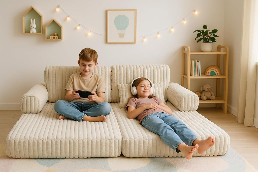 2 x Modułowa rozkładana SOFA - FOTEL dla dzieci - ZESTAW wypoczynkowy materac BEŻOWY SZTRUKS