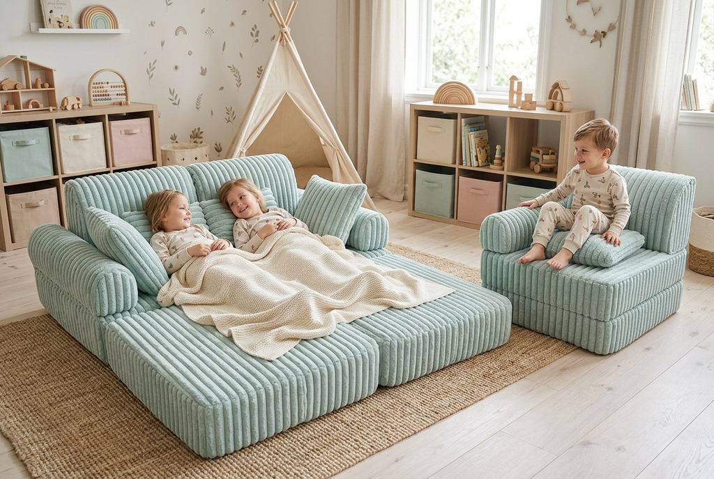 2 x Modułowa rozkładana SOFA - FOTEL dla dzieci - ZESTAW wypoczynkowy materac TURKUS SZTRUKS