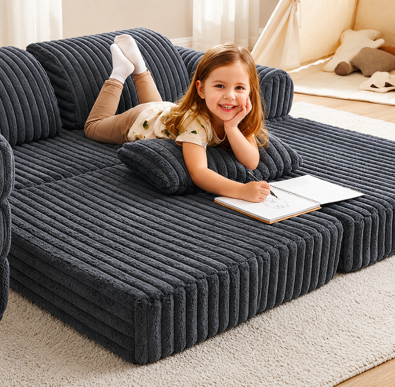 2 x Modułowa rozkładana SOFA - FOTEL dla dzieci - ZESTAW wypoczynkowy materac GRAFIT
