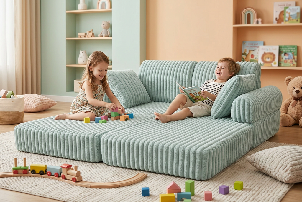2 x Modułowa rozkładana SOFA - FOTEL dla dzieci - ZESTAW wypoczynkowy materac TURKUS SZTRUKS