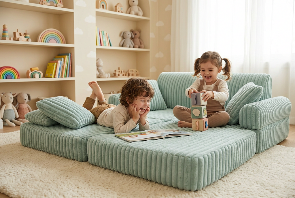 2 x Modułowa rozkładana SOFA - FOTEL dla dzieci - ZESTAW wypoczynkowy materac TURKUS SZTRUKS