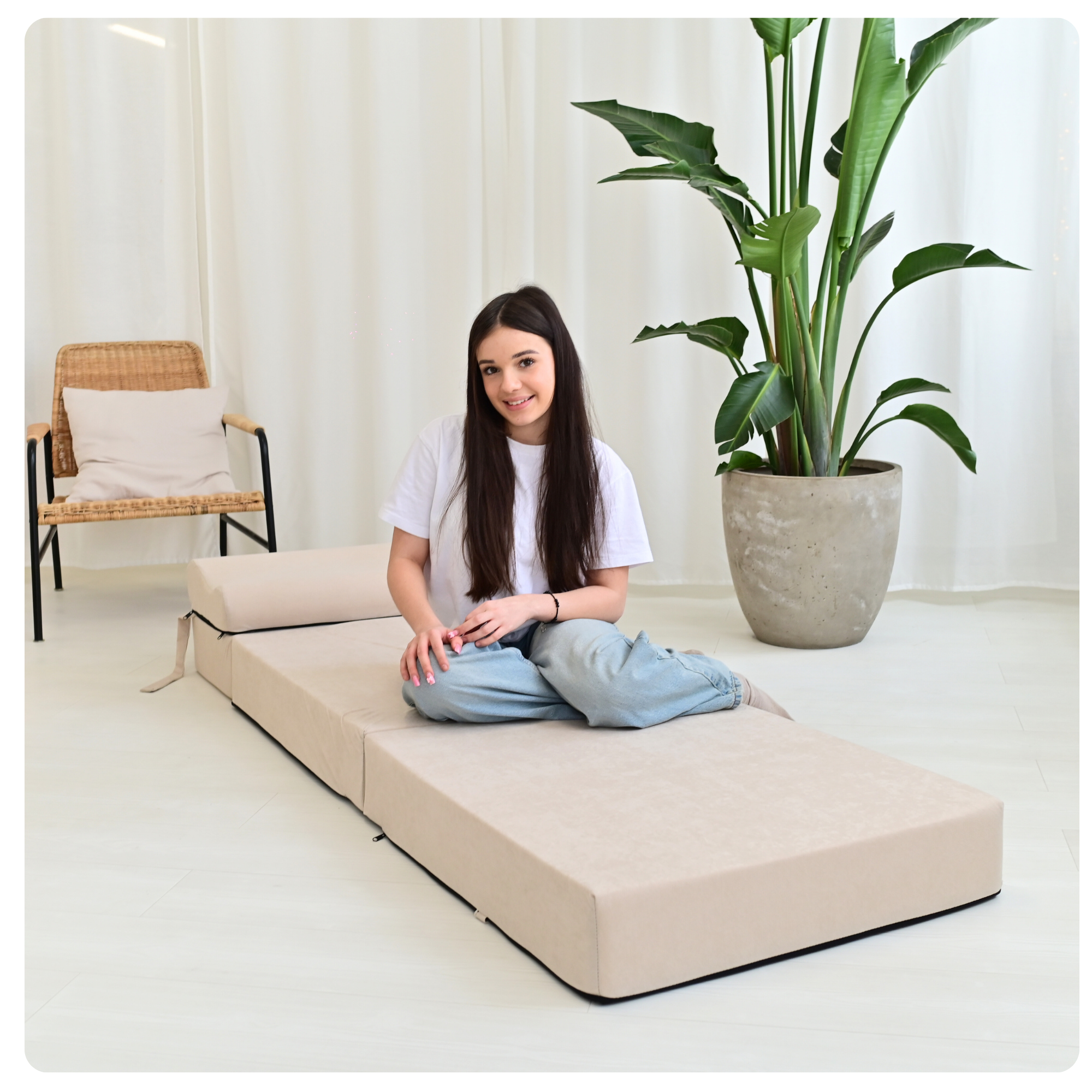 MATERAC TURYSTYCZNY SKŁADANY FOTEL 200x70x15cm - 2 w 1 BEŻOWY