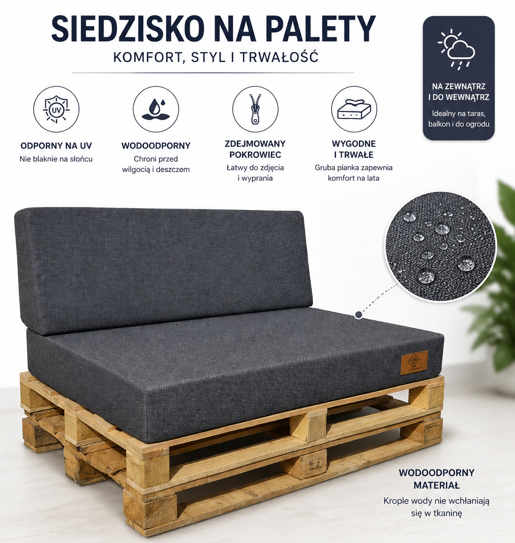 2 Poduszki Ogrodowe wodoodporne UV na Ławkę Palety Huśtawkę - poduchy 120x80 + 40 klin grafit