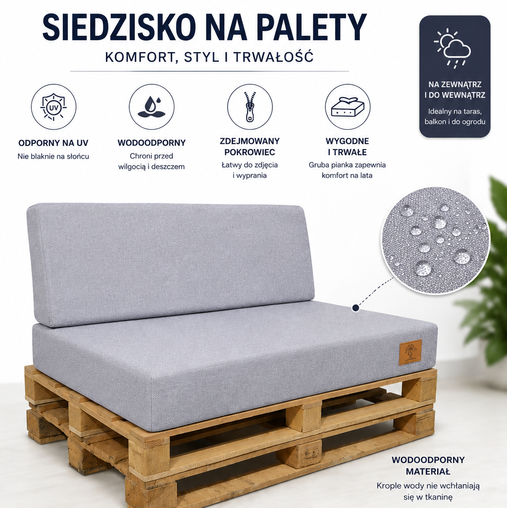 2 Poduszki Ogrodowe wodoodporne UV na Ławkę Palety Huśtawkę - poduchy 120x80 + 40 klin szary