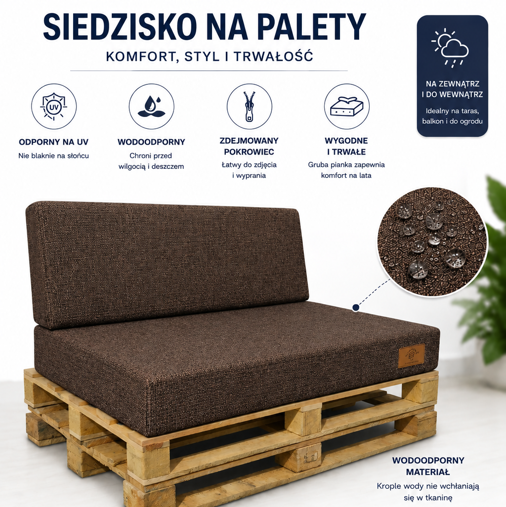 2 Poduszki Ogrodowe wodoodporne UV na Ławkę Palety Huśtawkę - poduchy 120x80 + 40 klin ciemny brąz