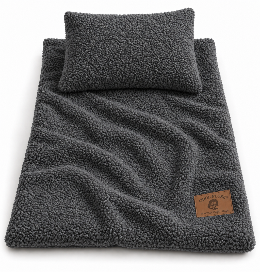 Kocyk BOUCLE baranek + poduszka, zestaw do wózka/łóżeczka – 75 x100