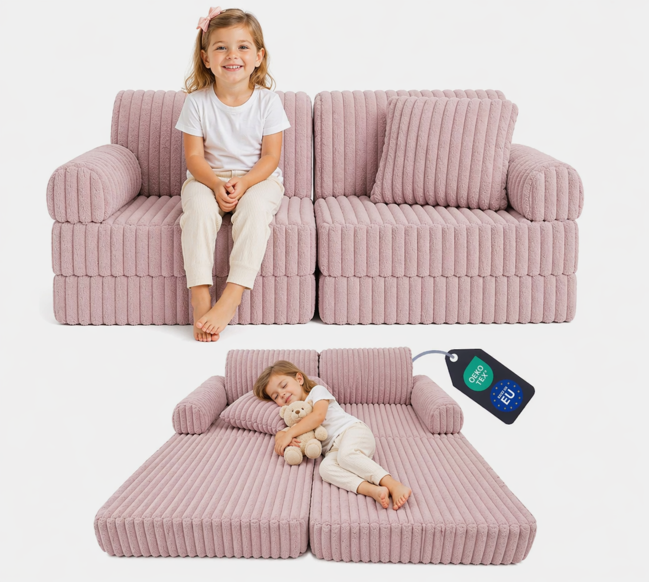 2 x Modułowa rozkładana SOFA - FOTEL dla dzieci - ZESTAW wypoczynkowy materac PASTELOWY RÓŻ