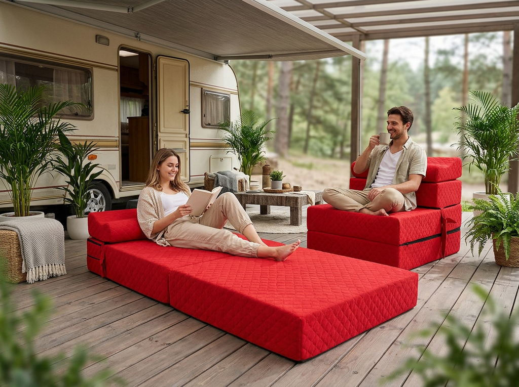 MATERAC TURYSTYCZNY SKŁADANY FOTEL 200x70x15cm - 2 w 1 PIKOWANY CZERWONY