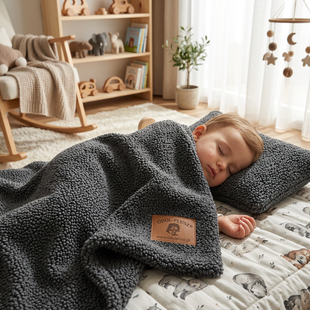 Kocyk BOUCLE baranek + poduszka, zestaw do wózka/łóżeczka – 75 x100