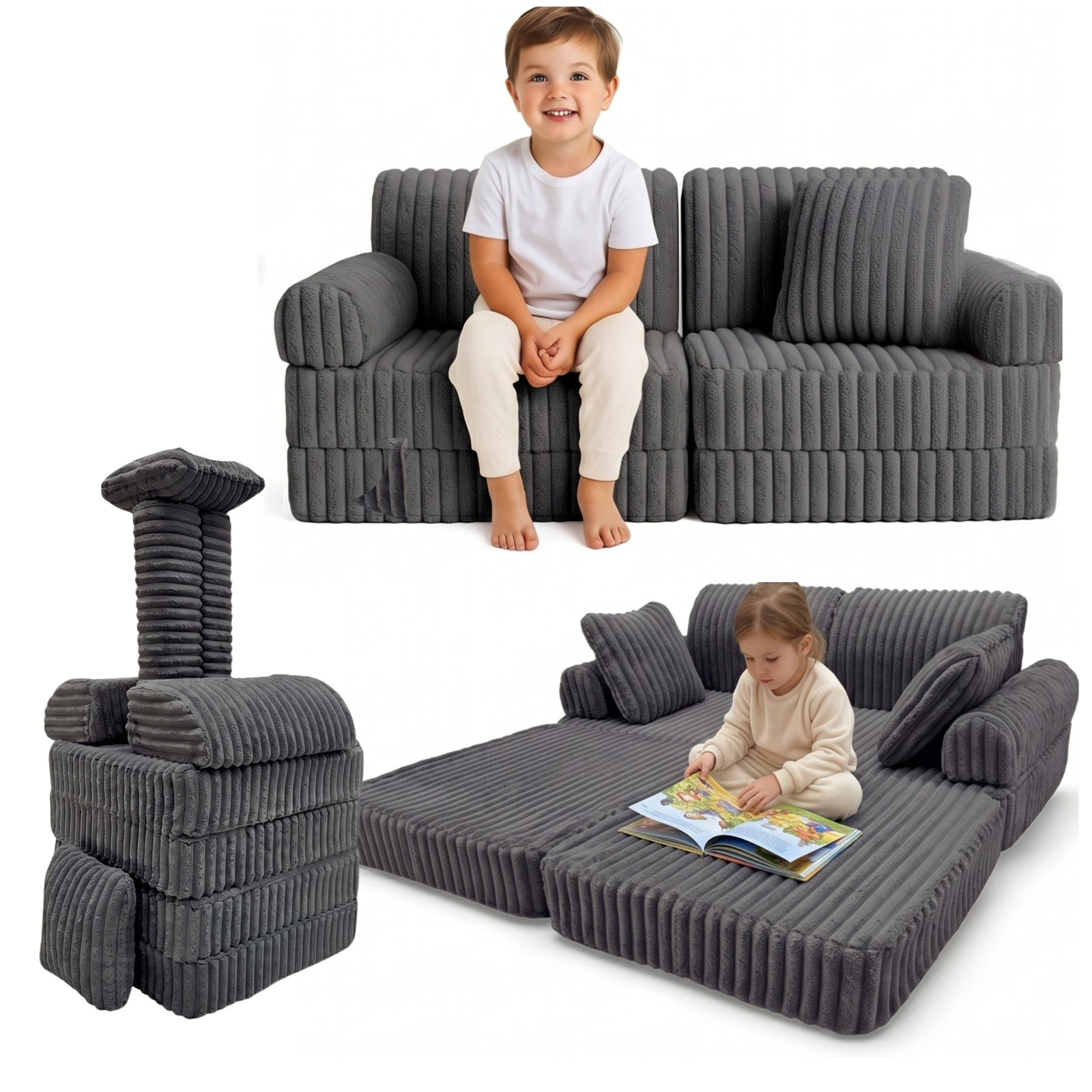 2 x Modułowa rozkładana SOFA - FOTEL dla dzieci - ZESTAW wypoczynkowy materac GRAFIT